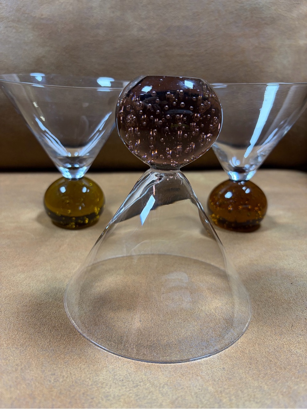 Vintage MCM hand blown martini glasses amber spherical base with bubbles 3 pc